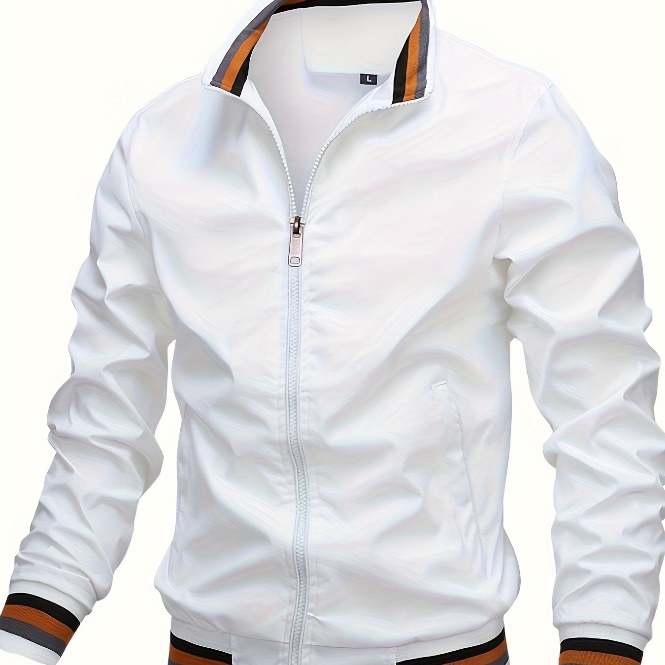 Men's lightweight bomber jacket with stand collar, zipper placket, and long sleeves. Made of 100% polyester for hiking and casual wear.