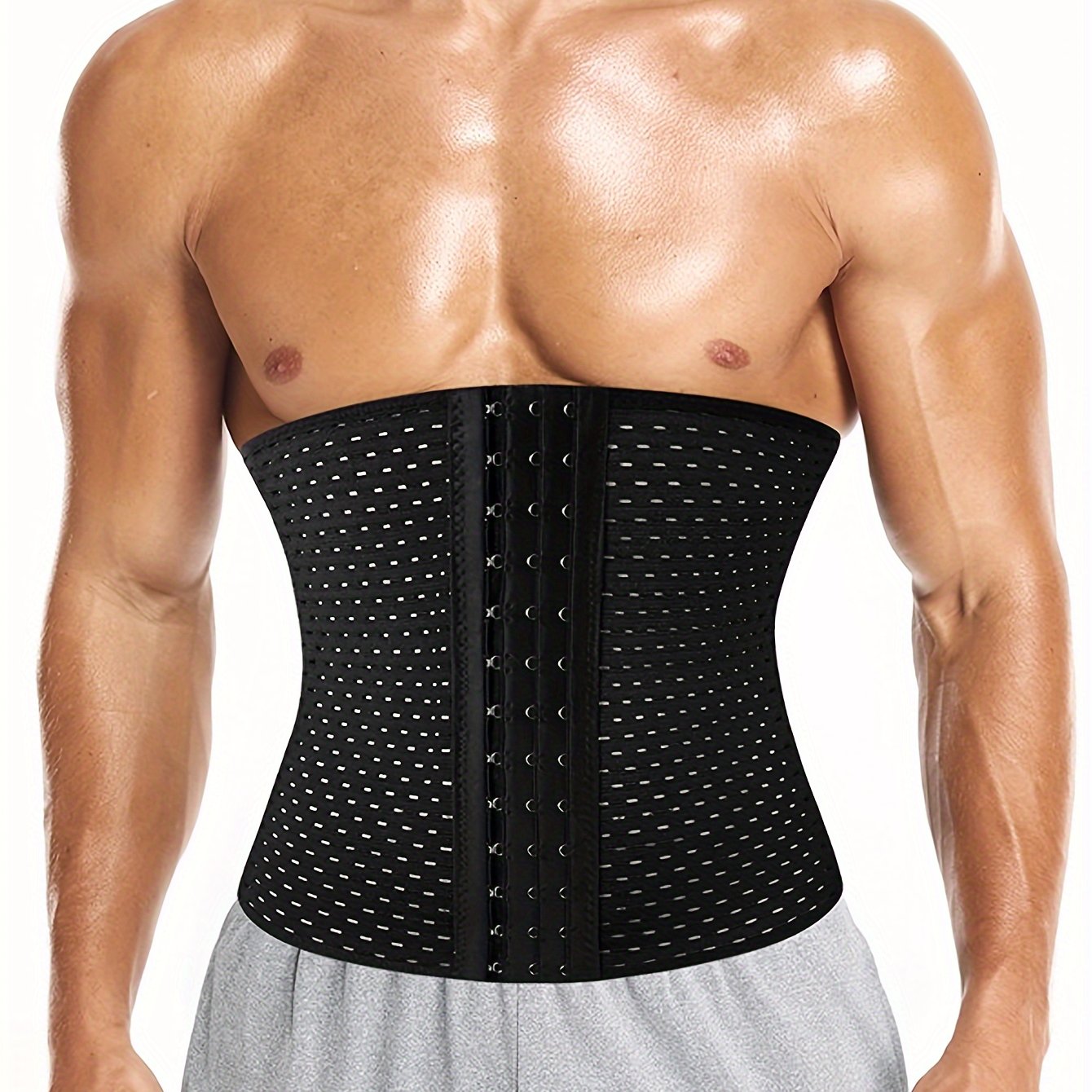 Men's breathable mesh waist belt with 3 row buckle and 4 steel bones for tummy control, ideal for daily wear.