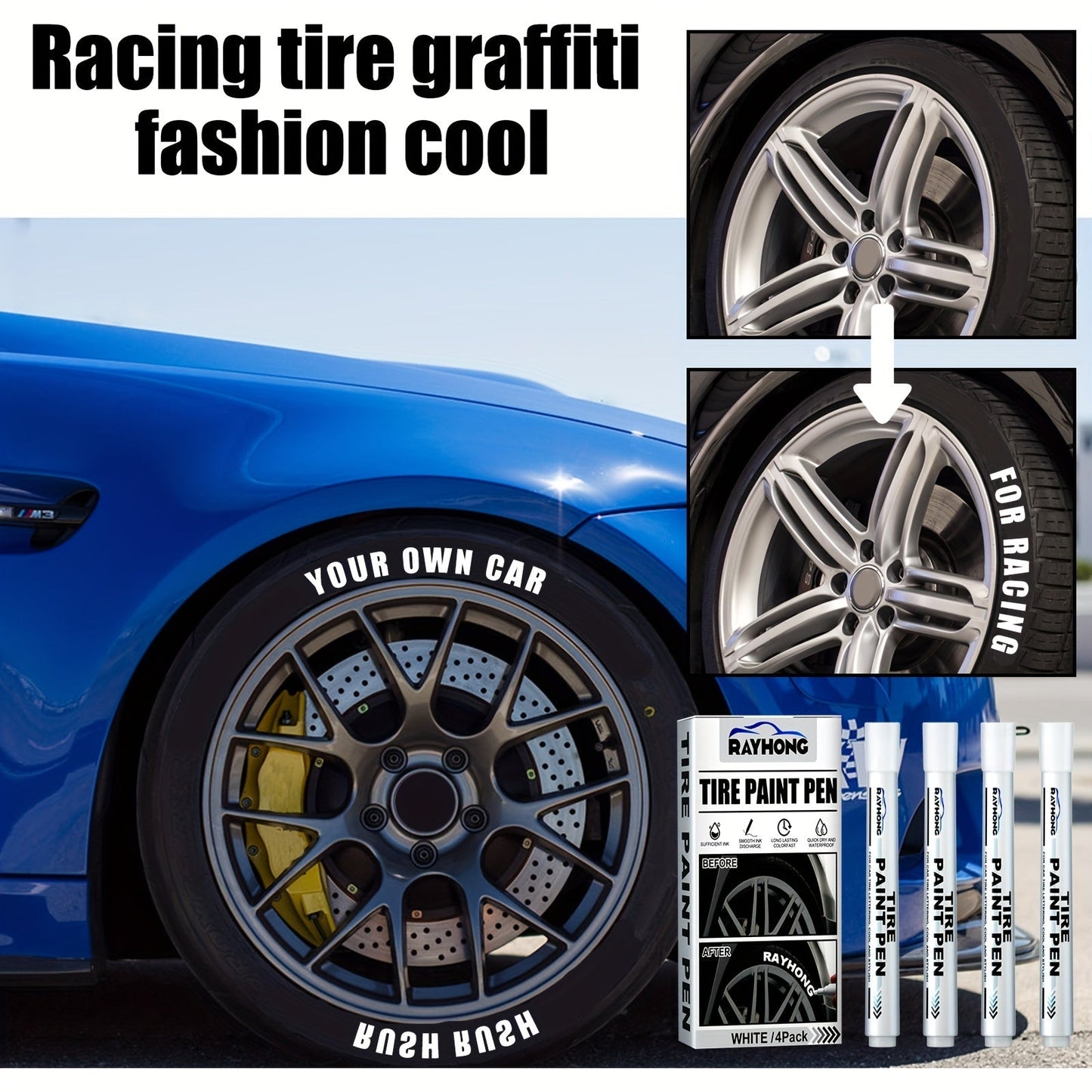 Set of 4 Tire Paint Pens for customizing your car's tires, perfect for adding letters or designs. This versatile tool is ideal for decoration and modification projects, making it a must-have for graffiti artists and DIY enthusiasts. Stay on-trend with