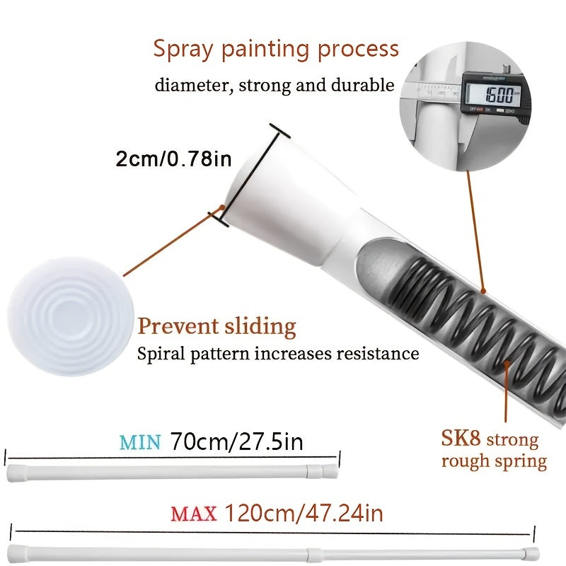 Adjustable tension rod with wall mount brackets for various household uses. Metal construction, easy installation, durable, and minimalist design.