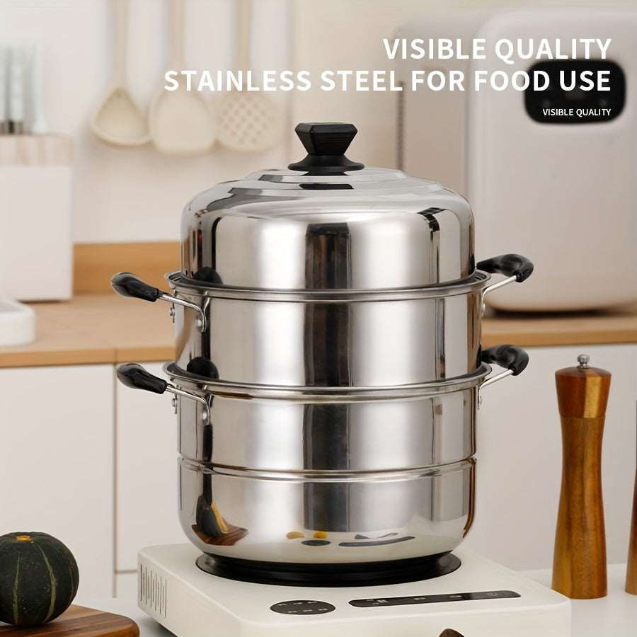 This durable 4-piece Stainless Steel Steamer Set features a 3-tier stackable design for both steaming and cooking. The set includes a soup pot, steamer rack, steaming tray, and lid, all designed for even heat distribution. The anti-scald electric wood