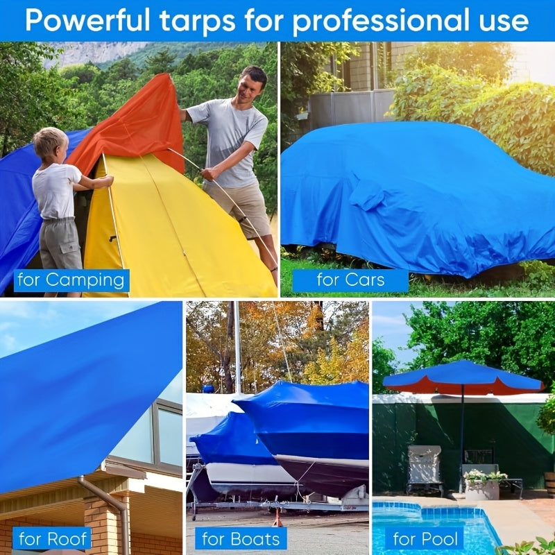 Durable rainproof tarpaulin with reinforced grommets for various uses such as truck cover, outdoor activities, camping, and tent accessories.