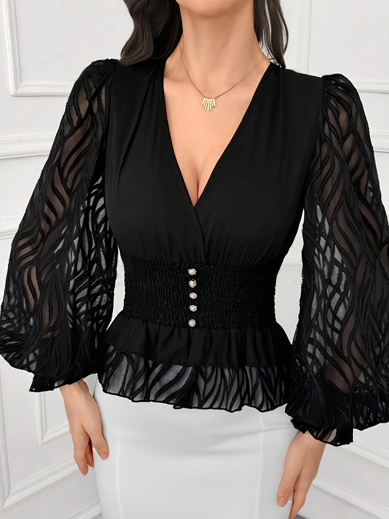 Elegant V-neck long sleeve shirt with ruched waist, solid color, polyester blouse for women.