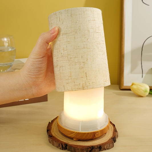 Textured fabric & wooden air humidifier with aromatherapy diffuser, essential oil addition, air purification, auto shut-off, USB powered; ideal for home, bedroom, office, travel gift.