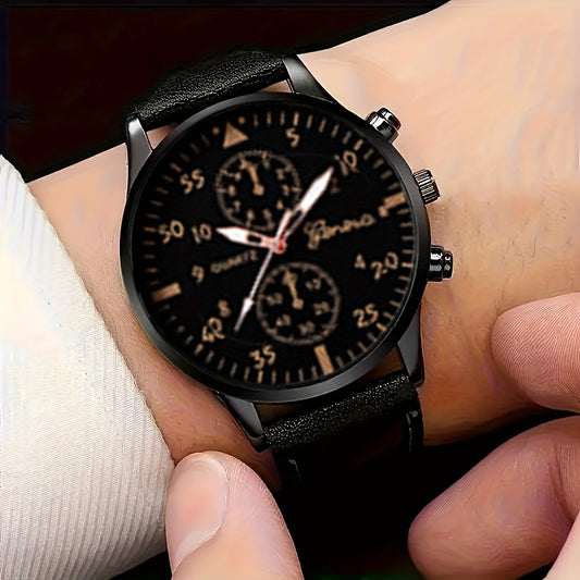 8-piece men's fashion quartz watch set with shock-resistant alloy case, round dial, faux leather strap, non-rechargeable button battery. Stylish casual watches.