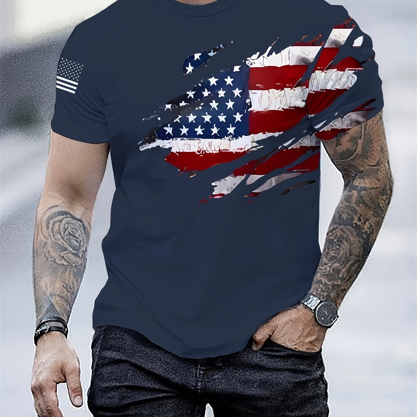 Men's Patriotic American Flag 3D Print T-Shirt - Casual Crew Neck, Short Sleeve, Lightweight Tee for Summer Activities