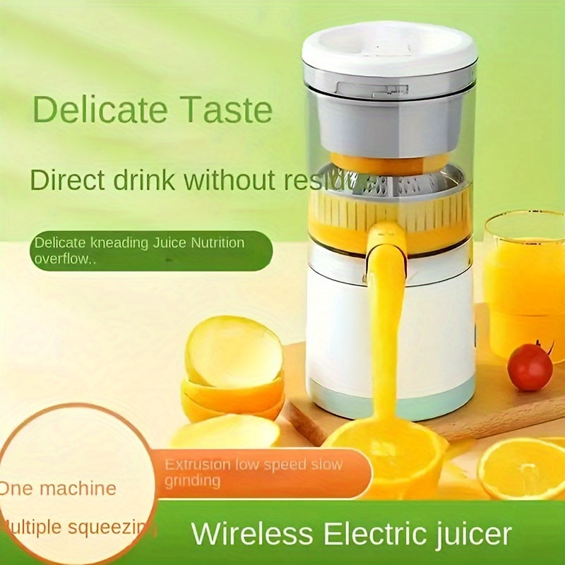 Portable Wireless Electric Juicer with 13.53oz capacity, USB rechargeable and 1600mAh lithium battery. Features push button control, non-heating food grade PP materials, detachable cup, and