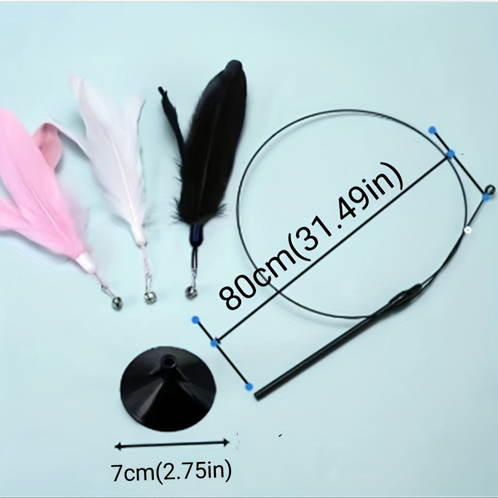 Feather cat teaser stick toy with bell, suction cup for interactive play.