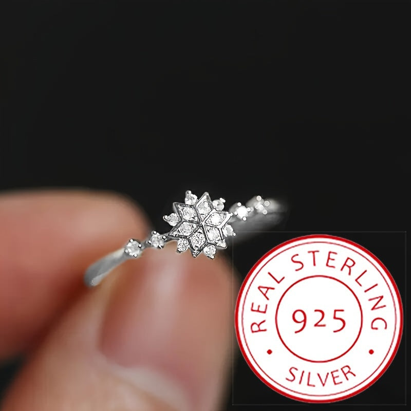 High-quality Promise Ring made of 925 Sterling Silver with a Sparkling Snowflake Design featuring Shining zirconia stones, perfect for Engagement or Wedding.