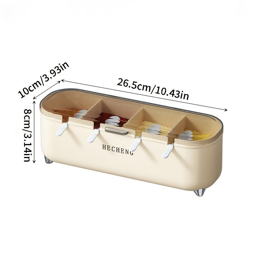 Season your meals with ease using this convenient 1-piece seasoning box. It features 4 compartments, a lid, and a spoon for easy access to your favorite spices, salt, and sugar. Keep your kitchen organized with this versatile storage container for all