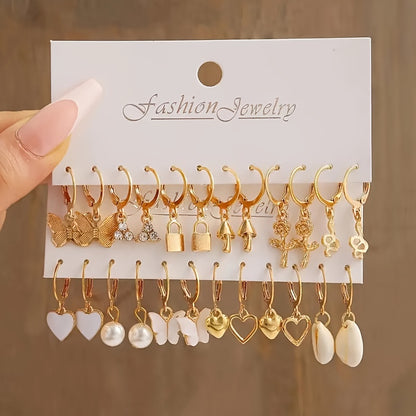 Multi-purpose set of earrings with elegant and simple designs including hearts, butterflies, flowers, and mushrooms, made of zinc alloy with stainless steel posts, suitable for everyday