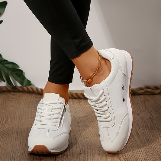 White zipper fashion sneakers, lightweight and comfortable sports shoes.