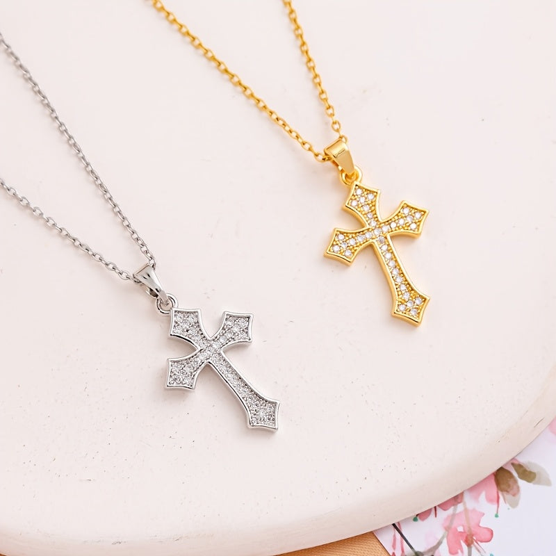 Stylish 18K Gold Plated Titanium Steel Cross Pendant Necklace adorned with Rhinestones, Adjustable Clavicle Chain perfect for Everyday Wear, Gender-Neutral Jewelry option