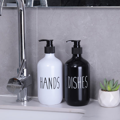 Set of 2 plastic soap dispensers for hand and dish soap, perfect for bathroom countertop storage.