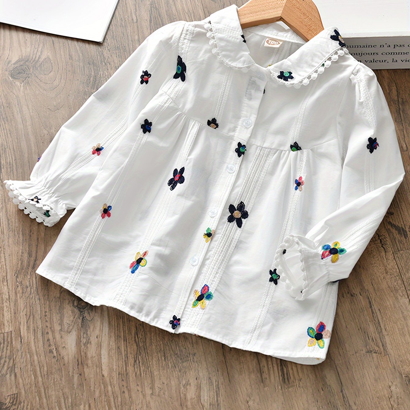 Little girls' boho embroidered blouse, doll collar, 95% cotton, long sleeve, casual shirt for spring and fall.