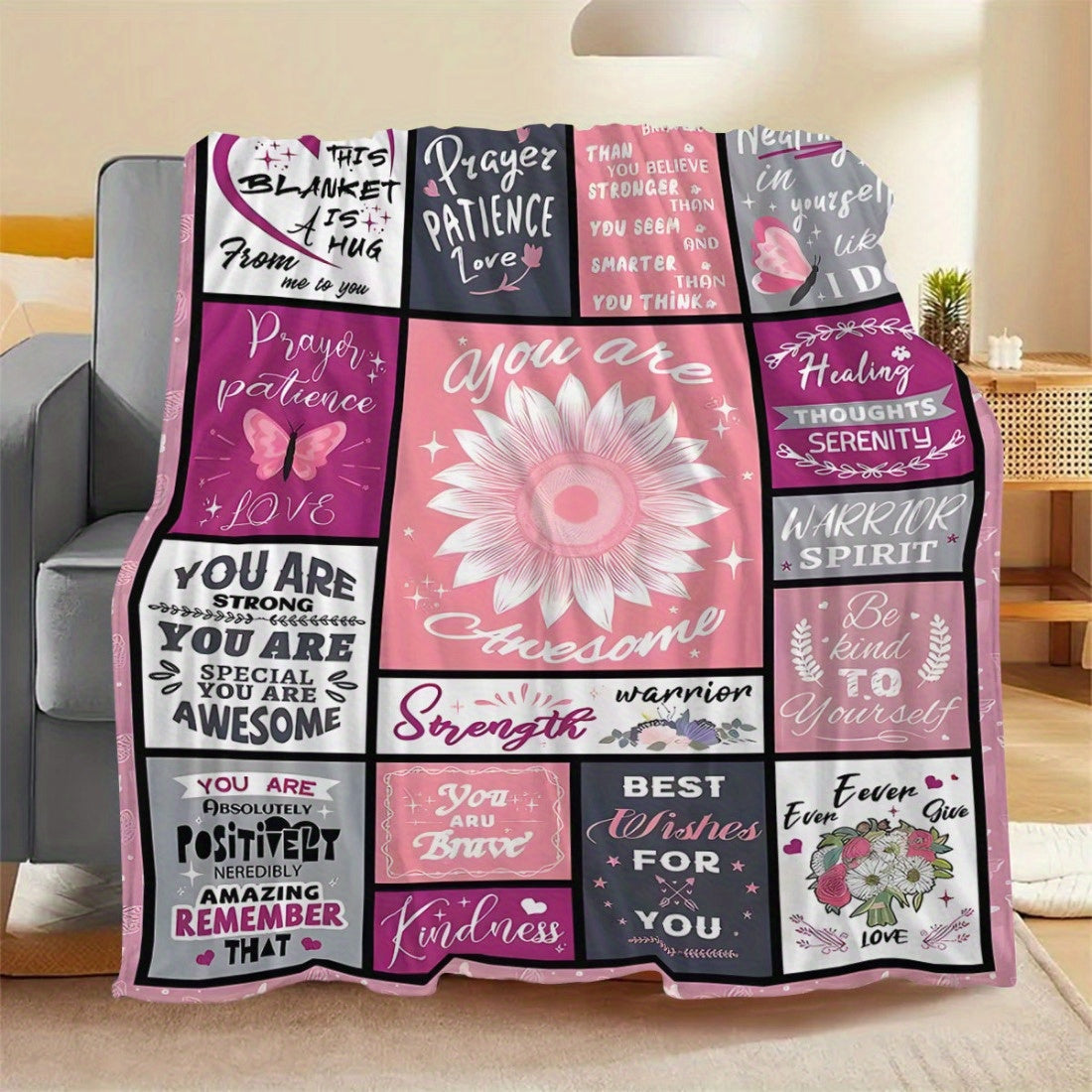 Soft and cozy flannel fleece throw blanket designed specially for women, perfect for post-surgery cancer care. Features an inspirational positive message and a soft comfortable digital print. Made of all-season knitted polyester in a contemporary style