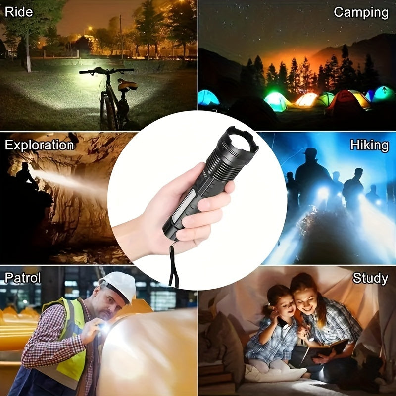 Rechargeable torch flood light for outdoor activities like camping, fishing, hunting, climbing, biking, and hiking.