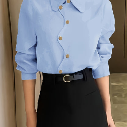 Elegant women's yellow button-up shirt with chic lapel collar and asymmetrical hem, made of polyester fabric suitable for all seasons.