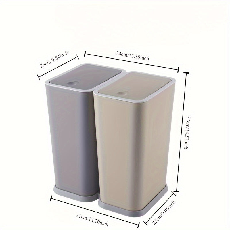 Set of two slim press-top trash cans, with one specifically designed for recycling and storage. Made of durable plastic that does not require electricity, ideal for use in bathrooms and living rooms.