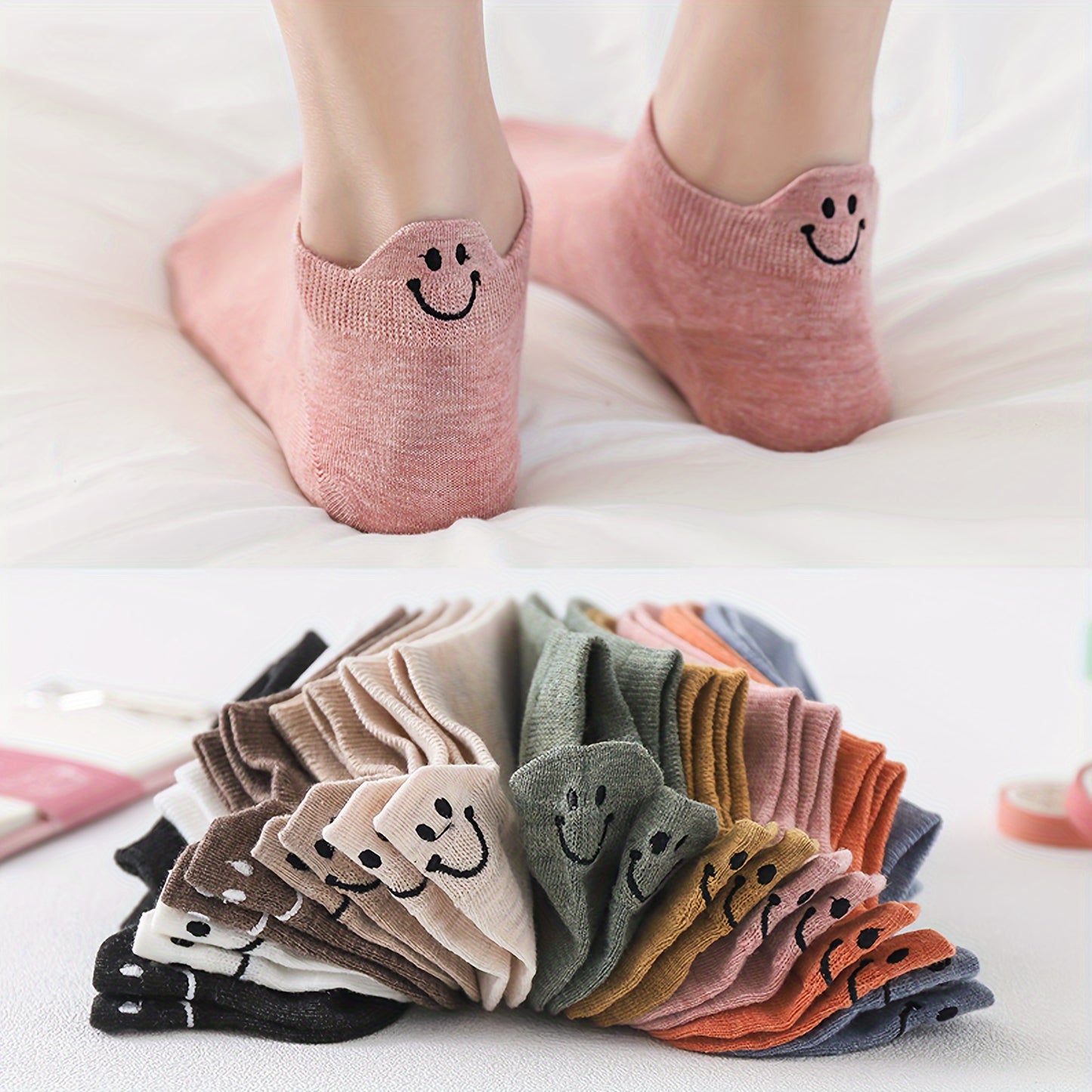 20 Pairs Simple Smiling Face Embroidered Ankle Socks for Women, Comfortable and Breathable.