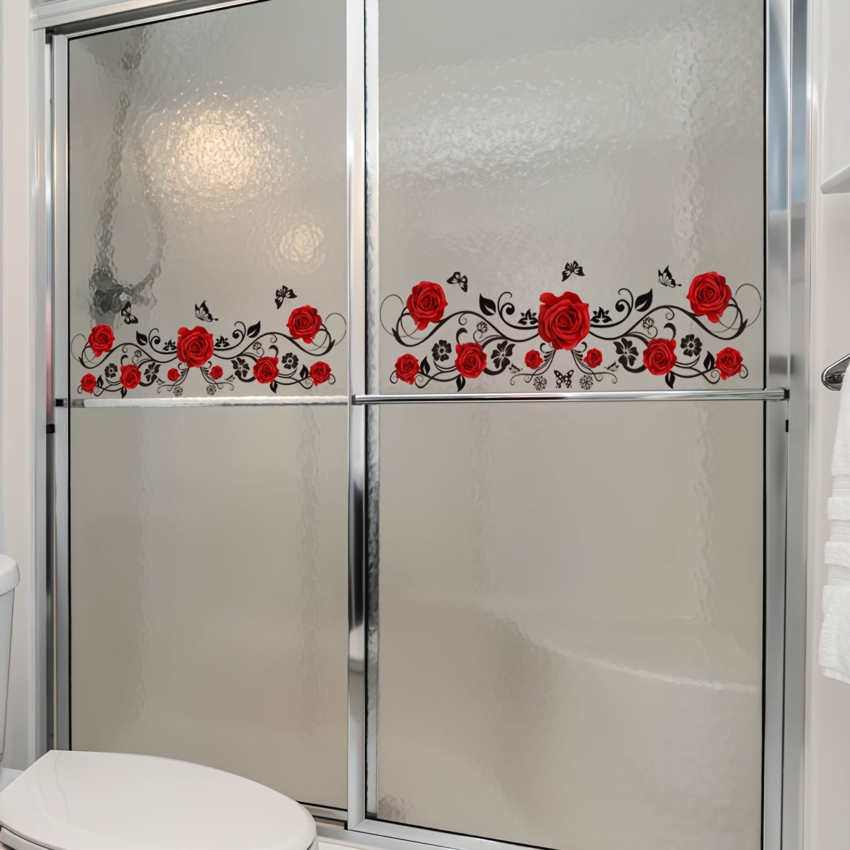 Set of two red rose vine butterfly bathtub stickers measuring 50*15cm, perfect for bathroom and home decoration. Ideal for summer.