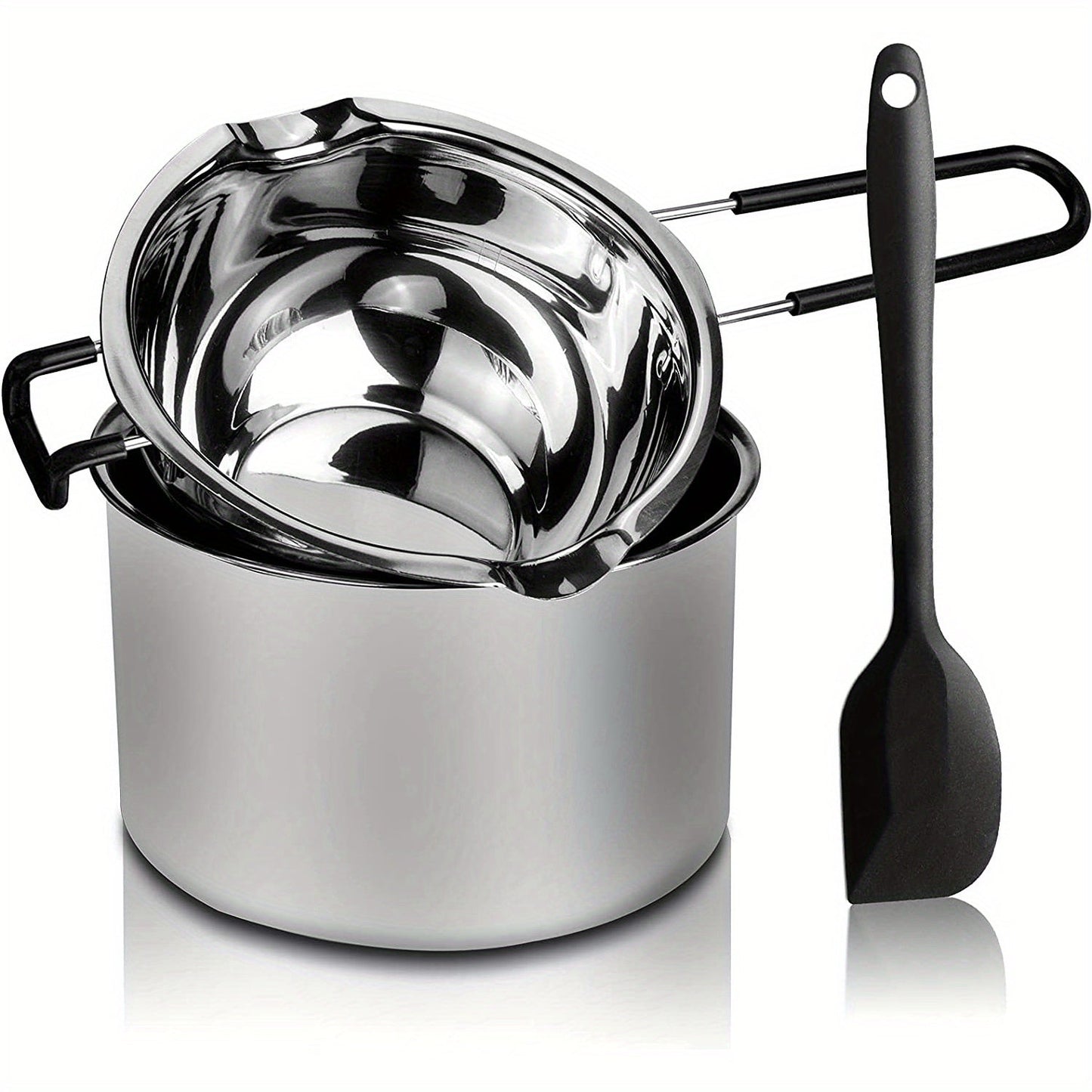 This stainless steel double-layer melting pot set includes two pots with capacities of 600ml and 1600ml. It comes with a silicone spoon and is perfect for melting chocolate, soap, beeswax, and making candles.