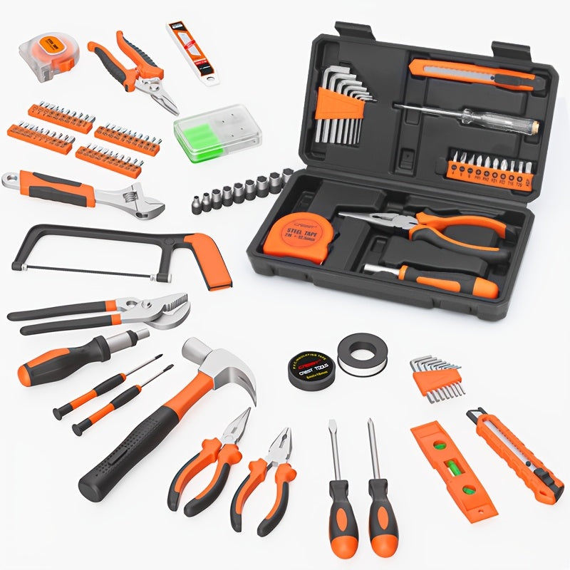 23-piece home repair tool kit with orange carbon steel tools in a durable plastic storage case, ideal for DIY projects and quick fixes.