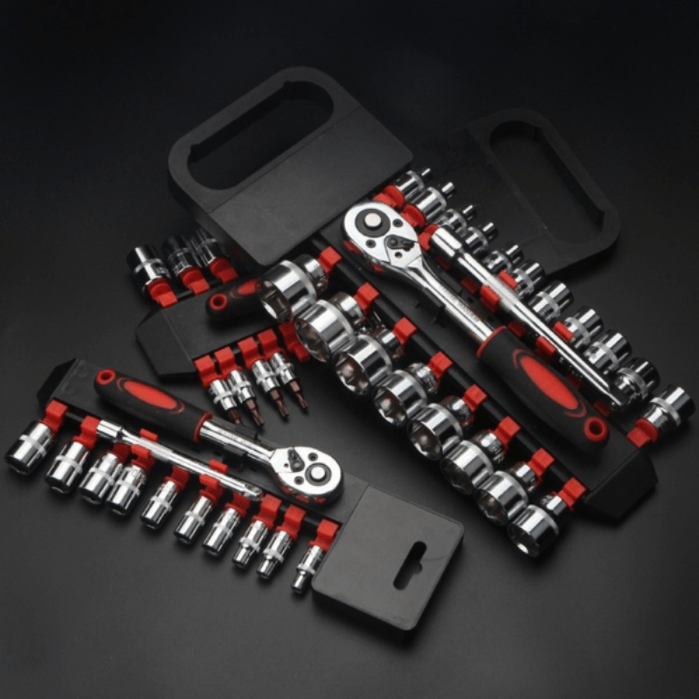 12-piece socket wrench set for bike repairs, with extension bars and ratchet handle for various vehicle maintenance.