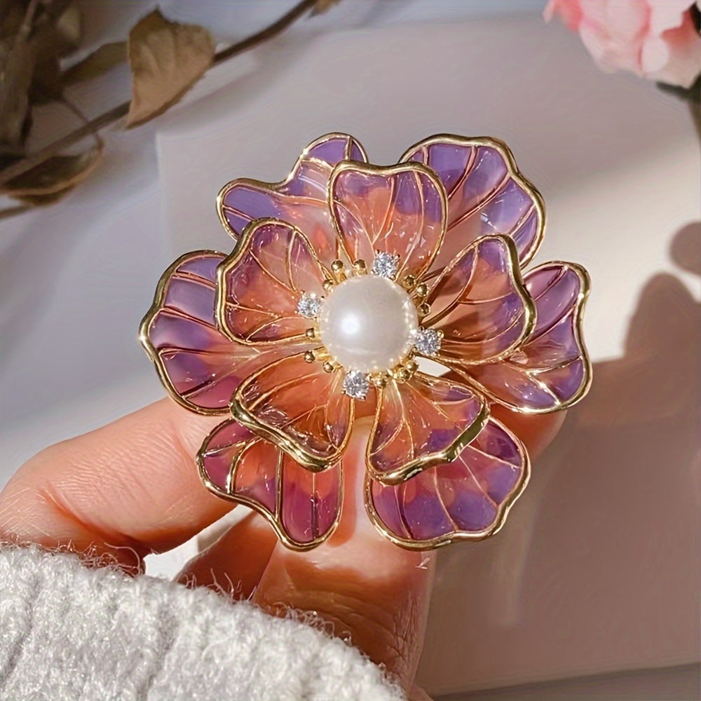 Beautiful Enamel Flower Brooch with Rhinestones and Purple Faux Pearl, Vintage-Inspired and Elegant - Ideal for Adding a Touch of Glamour to Your Winter and Autumn Wardrobe, Perfect for Both Suits and Dresses