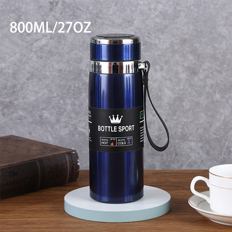 Stainless steel 1000ml vacuum insulated water bottle with portable strap, BPA-free, keeps hot/cold for sports and outdoor activities, hand wash only.