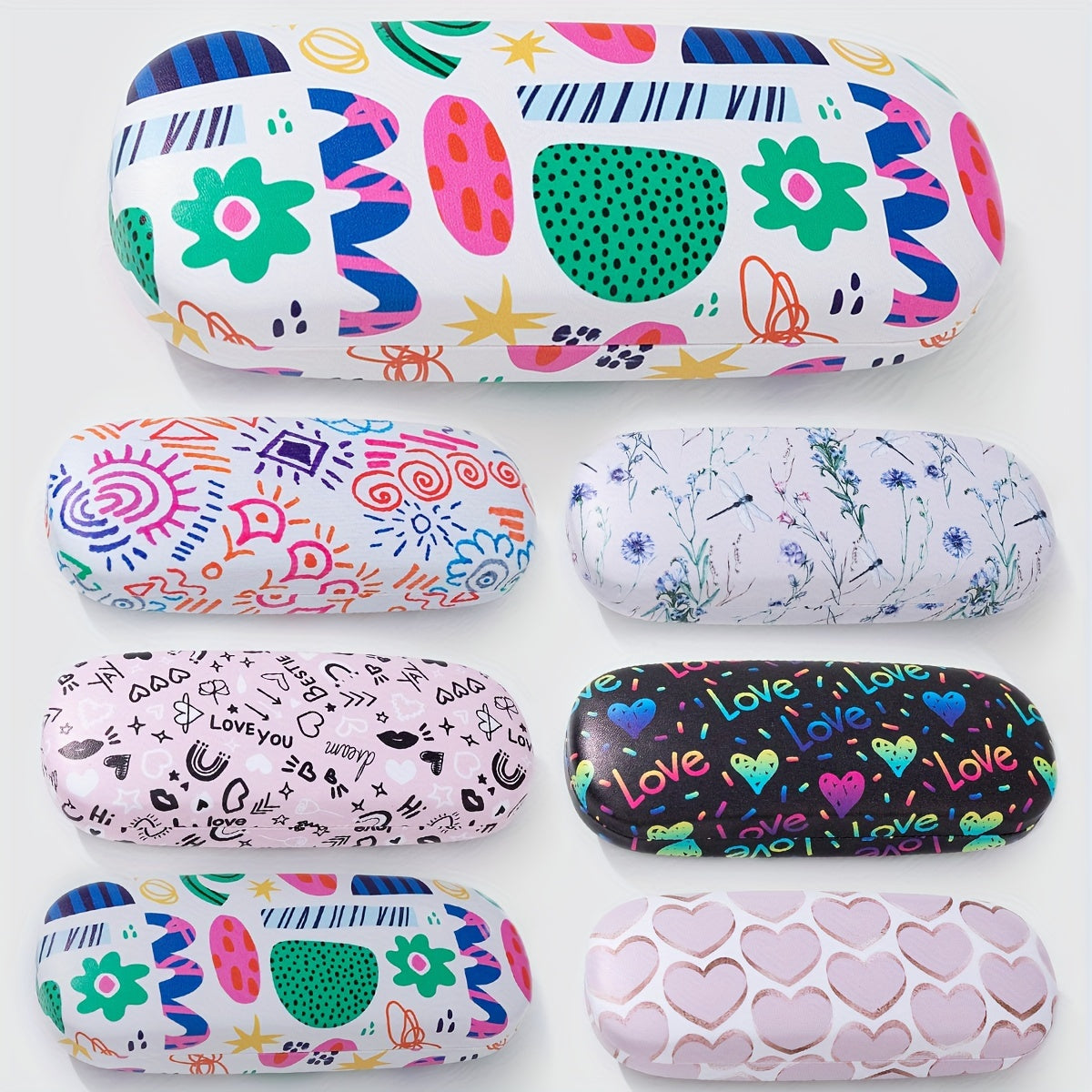 Protective storage box for glasses and sunglasses featuring colorful printed designs and fun patterns, designed specifically for ladies. The hard shell case ensures your eyewear stays safe and stylish.