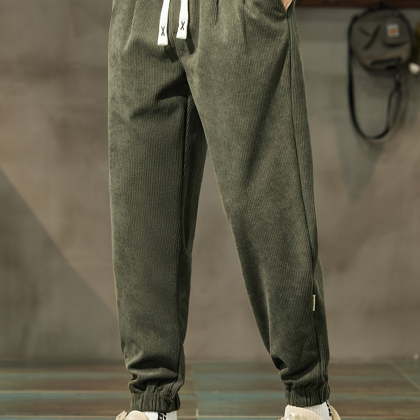 Men's Thick Corduroy Joggers - Loose fit with drawstring waist, cropped length, machine washable. Ideal for fall/winter fashion.