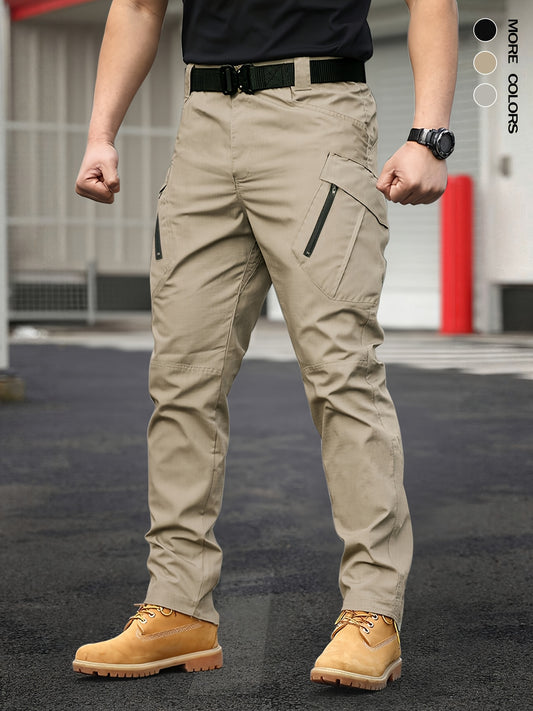 Men's Tactical Cargo Pants in solid color, made with 100% polyester. Features street style, regular fit, all-season wear, slight stretch, multi-function pockets, and zipper. Suitable for