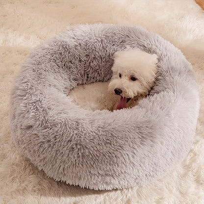 Extra Large Round Dog Bed with Non-Slip Bottom - Soft Faux Plush Polyester Fiber Filled Cuddly Pillow for Dogs of all sizes - Comfortable and Warm.