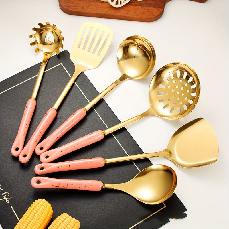 Set of 7 stainless steel utensils with ceramic handles, including a cooking turner, spatula, soup spoon, colander spoon, and pasta spoon. This kitchen utensil set is designed for safety and non-stick cooking, making it a must-have for your kitchen.