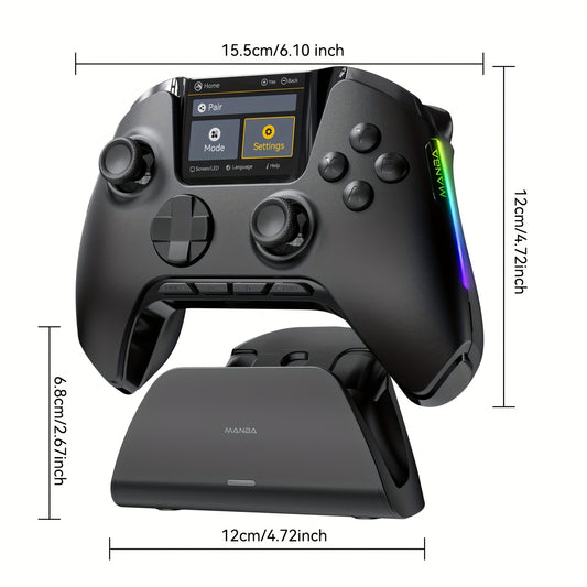 FIEHDUW Wireless Gaming Controller with RGB Lighting, No-Drift, Hall Effect Triggers, Remappable Buttons, 1800mAh Battery, and Charging Dock. Compatible with PC/Switch/iOS/Android/Steam