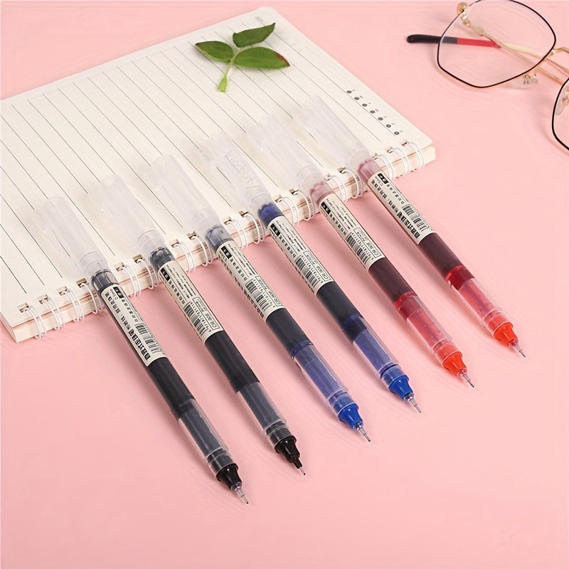 10 gel pens with blue quick-drying ink in liquid and gel formats. Suitable for school, office, and stationery stores. Made of plastic with snap cap closure, round body, and extra fine