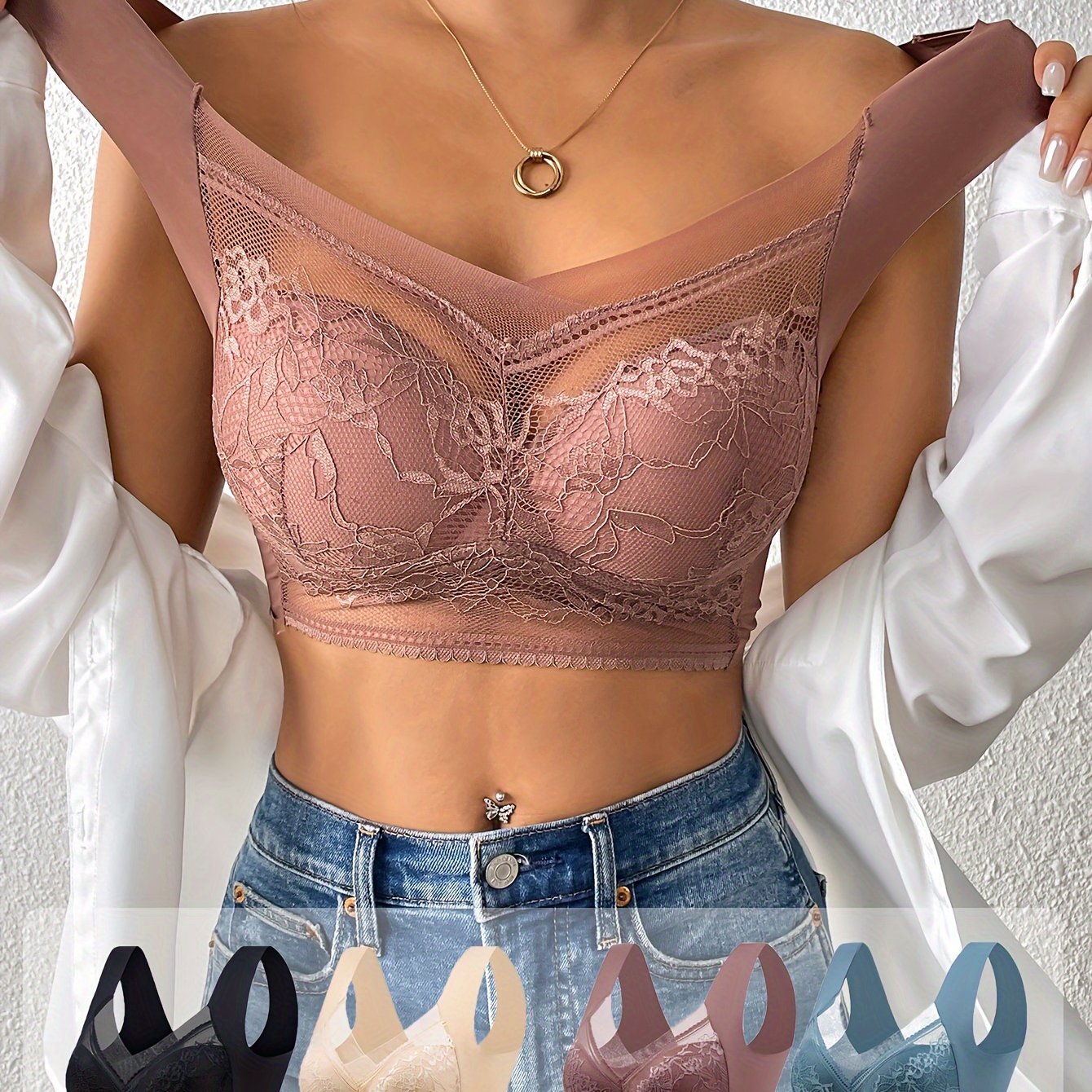 4 pieces of women's lace contrast underwear and bra, including daily bra and no steel ring underwear.