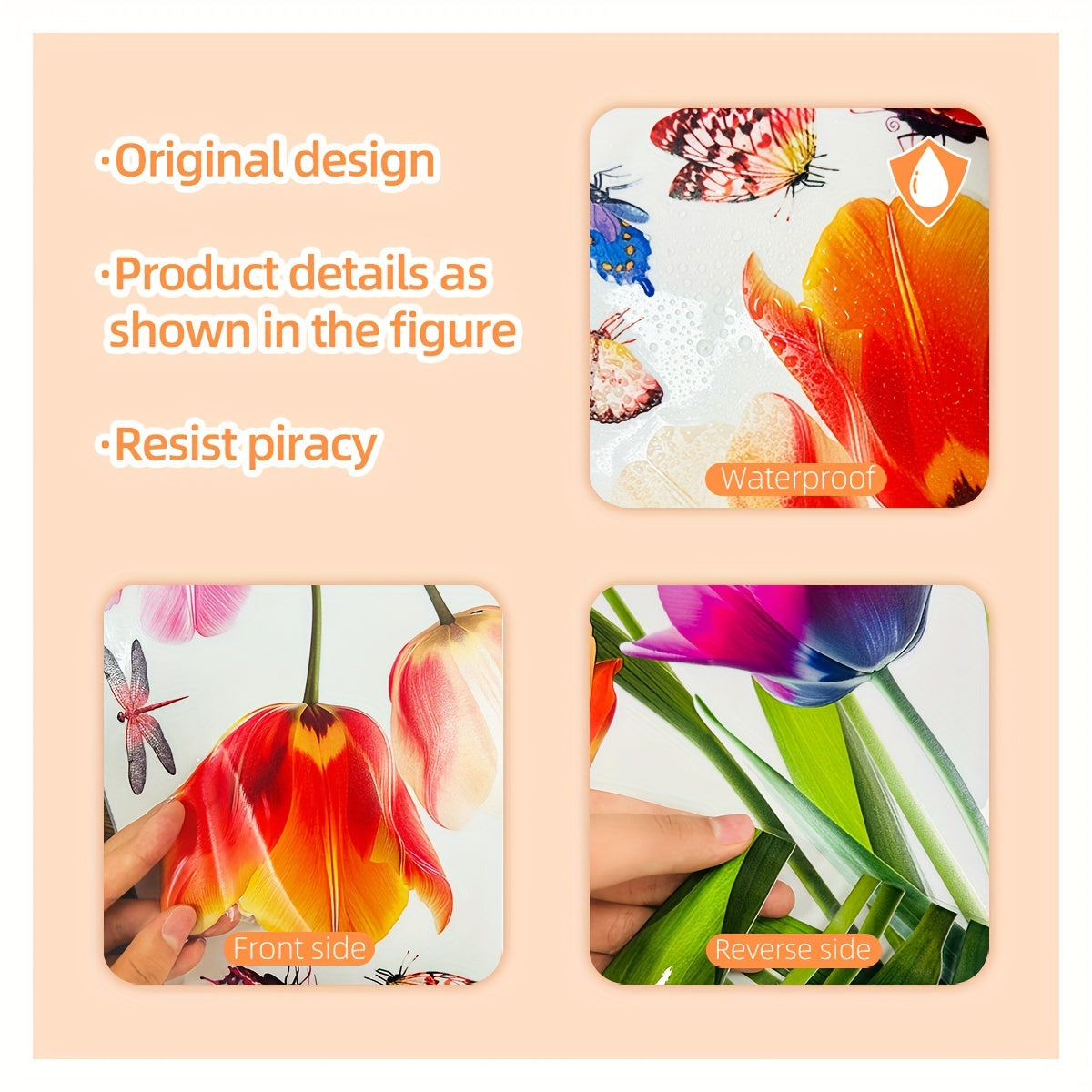 Vibrant Tulip Bouquet Window Cling - Dual-Sided, Easy to Remove Electrostatic Glass Decal for Decorating Home & Office.