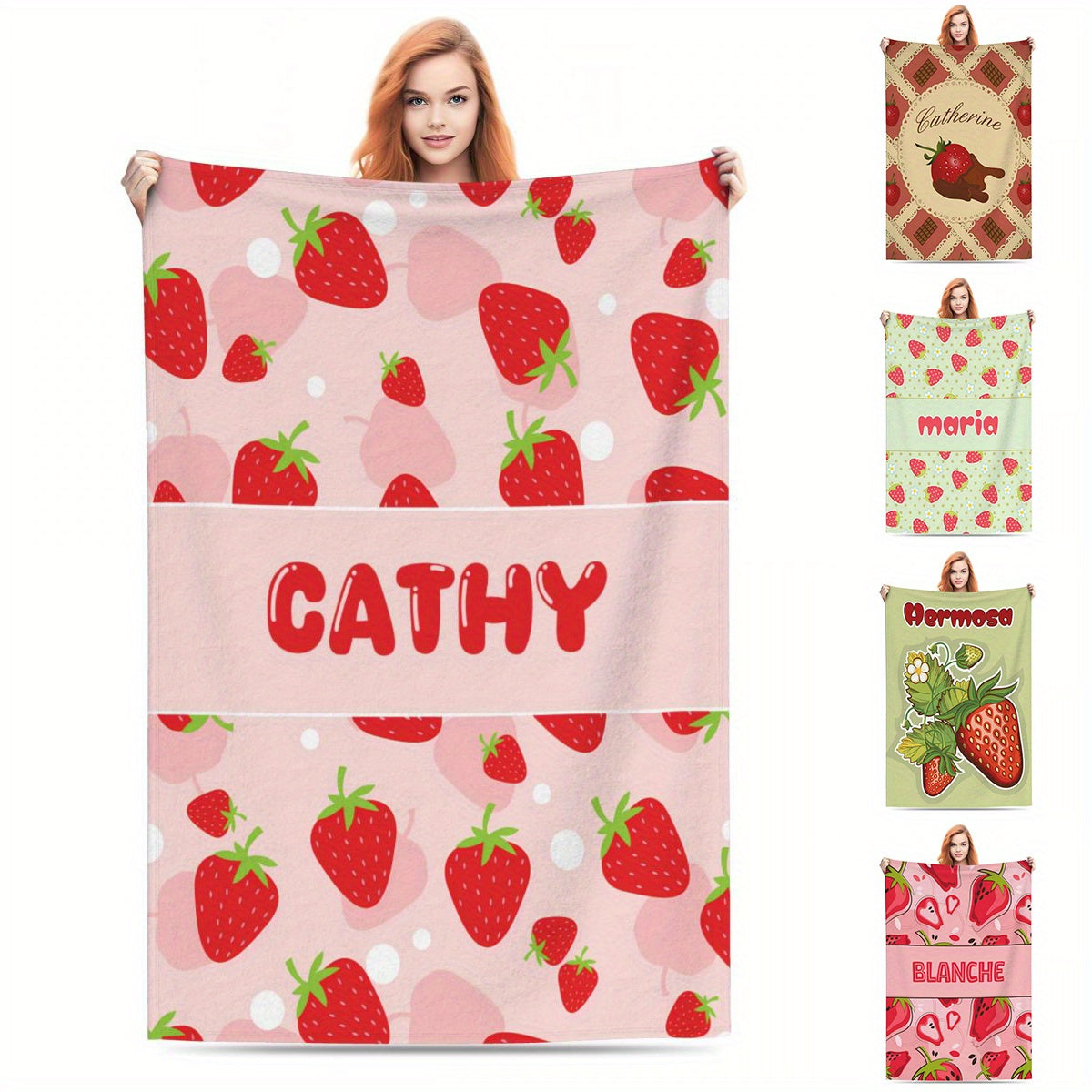 Personalized Strawberry Blanket for Girls and Women - Customizable Gift Perfect for Mom, Adults, and Travel - Soft and Lightweight Throw with Cute Strawberry Theme - Ideal for Valentine's, Birthday, or Christmas - Made of Polyester, Rectangular Shape