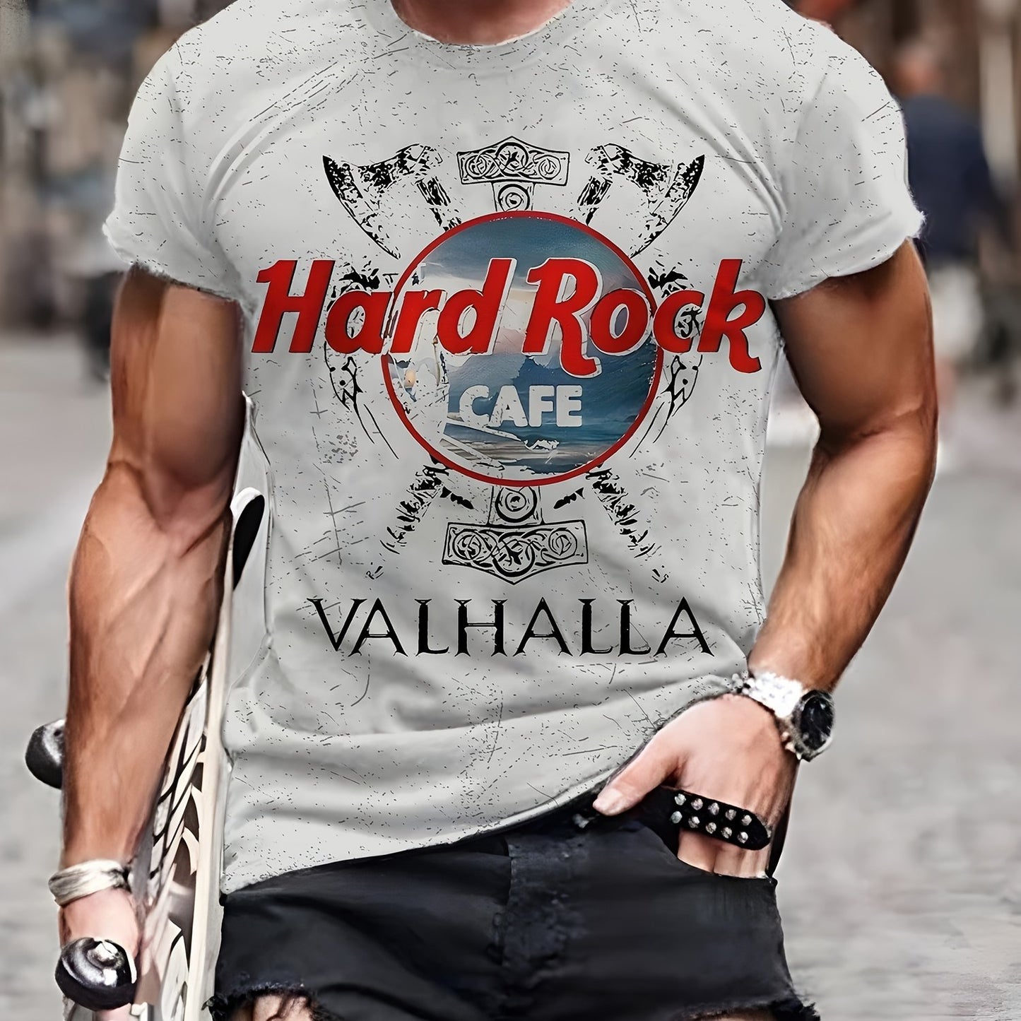 Valhalla Print Men's Crew Neck Plus Size T-shirt, Lightweight Tee for Summer Wear