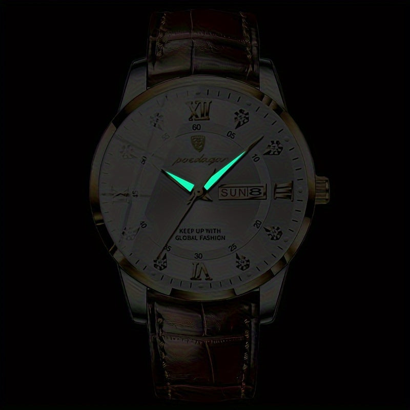 1pc men's business casual quartz wristwatch with date, luminous hands, round alloy case, faux leather strap, and battery-operated.