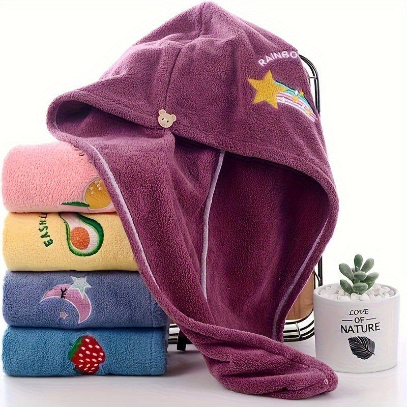 Quick-dry hair drying cap made of soft polyester with a cartoon design, highly absorbent.