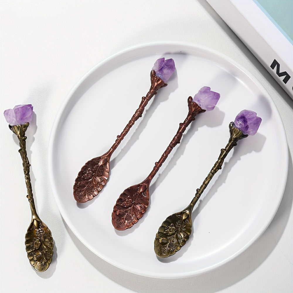 Set of four natural amethyst spoons featuring a tooth flower pattern and embossed design. Perfect for serving ice cream, desserts, stirring soup, cutting cake, and stirring coffee.