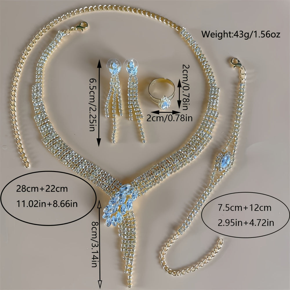 Extravagant 4-piece Rhinestone Tassel Jewelry Set - Includes Necklace, Earrings, Bracelet, and Ring - Ideal for Special Events and Formal Occasions