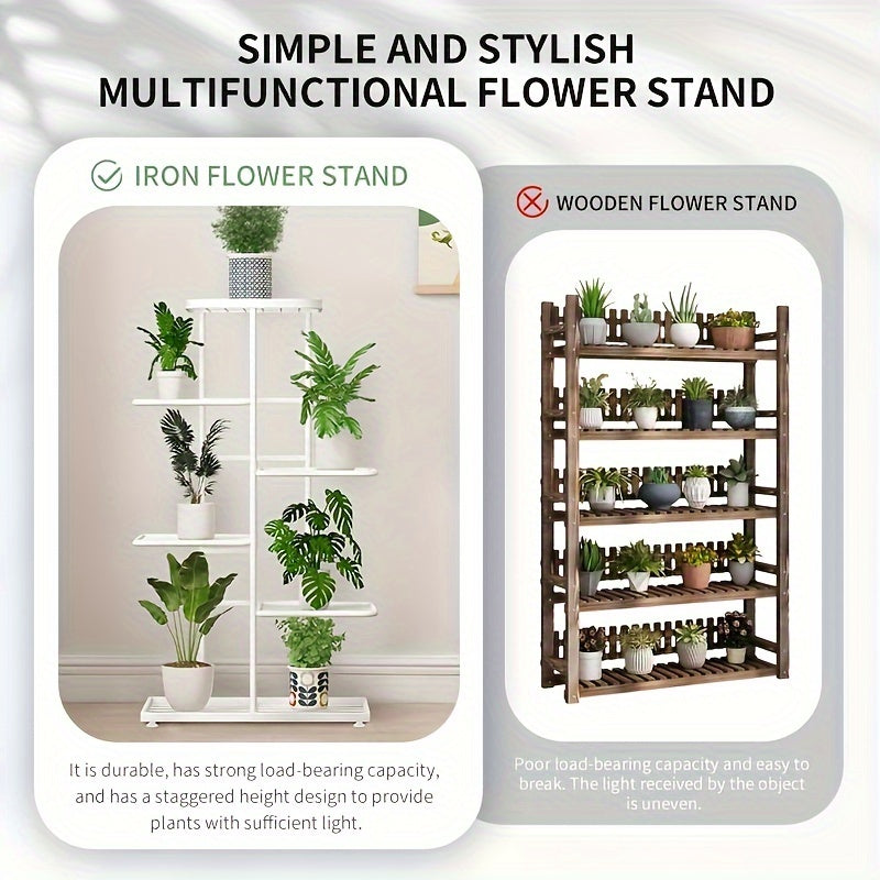 Special offer: Black Five metal plant stand with 8 layers, holding up to 9 potted plants. Ideal for indoor or outdoor use, displaying succulents and green plants. Features rust-proof