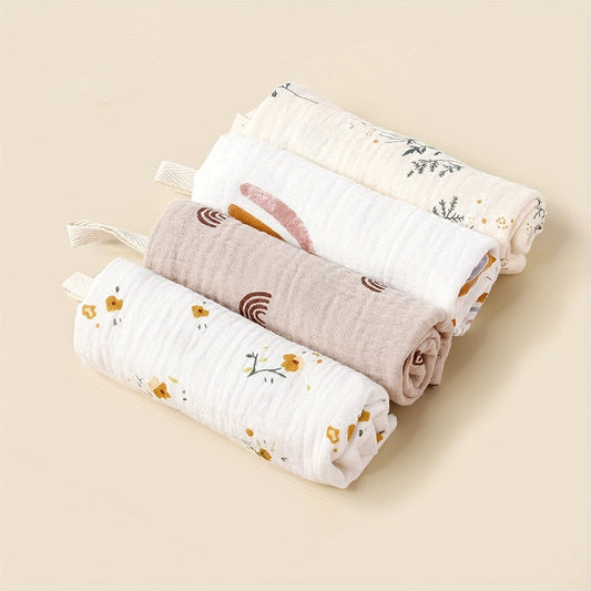 Set of 4 Baby Muslin Towels, 30.0x30.0 cm, Made of 100% Cotton, Handwash Recommended, Available in Various Colors, Highly Absorbent, Soft Knitted Fabric, Perfect for Baby's Bath Time