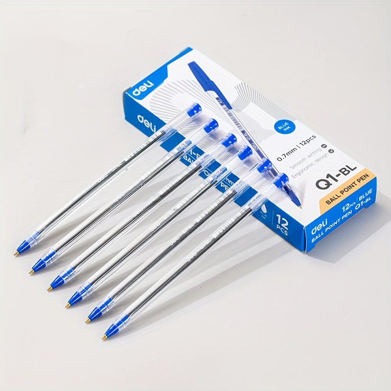 12pcs of blue ball point pens with bullet tip, low viscosity ink, pen-clip design. Suitable for classrooms, offices, libraries.