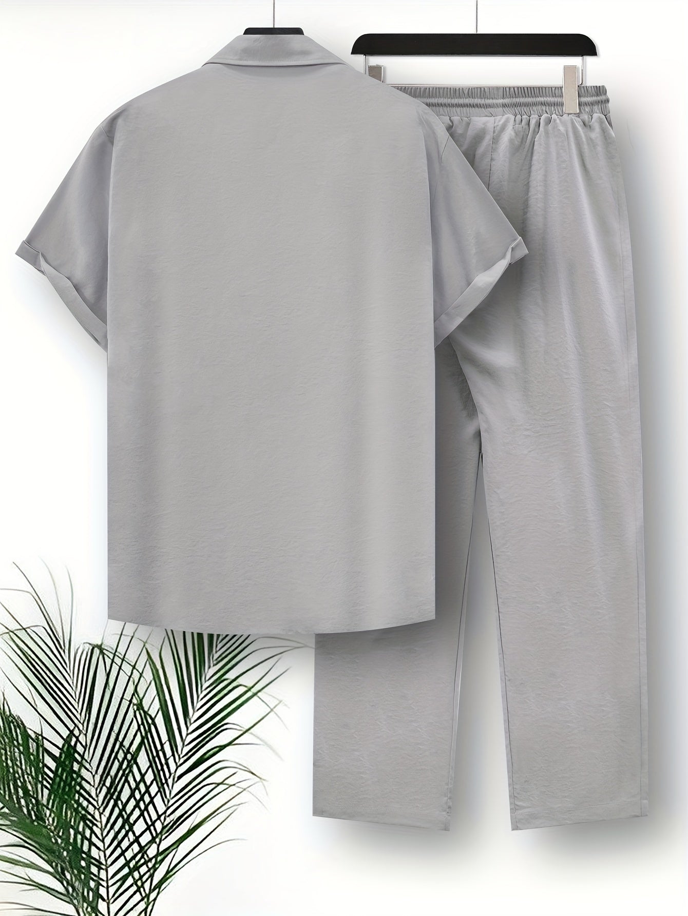 Men's 2-piece Spring Summer Leisure Outfit: Short Sleeve Lapel Shirt with Chest Pocket and Solid Drawstring Pants.