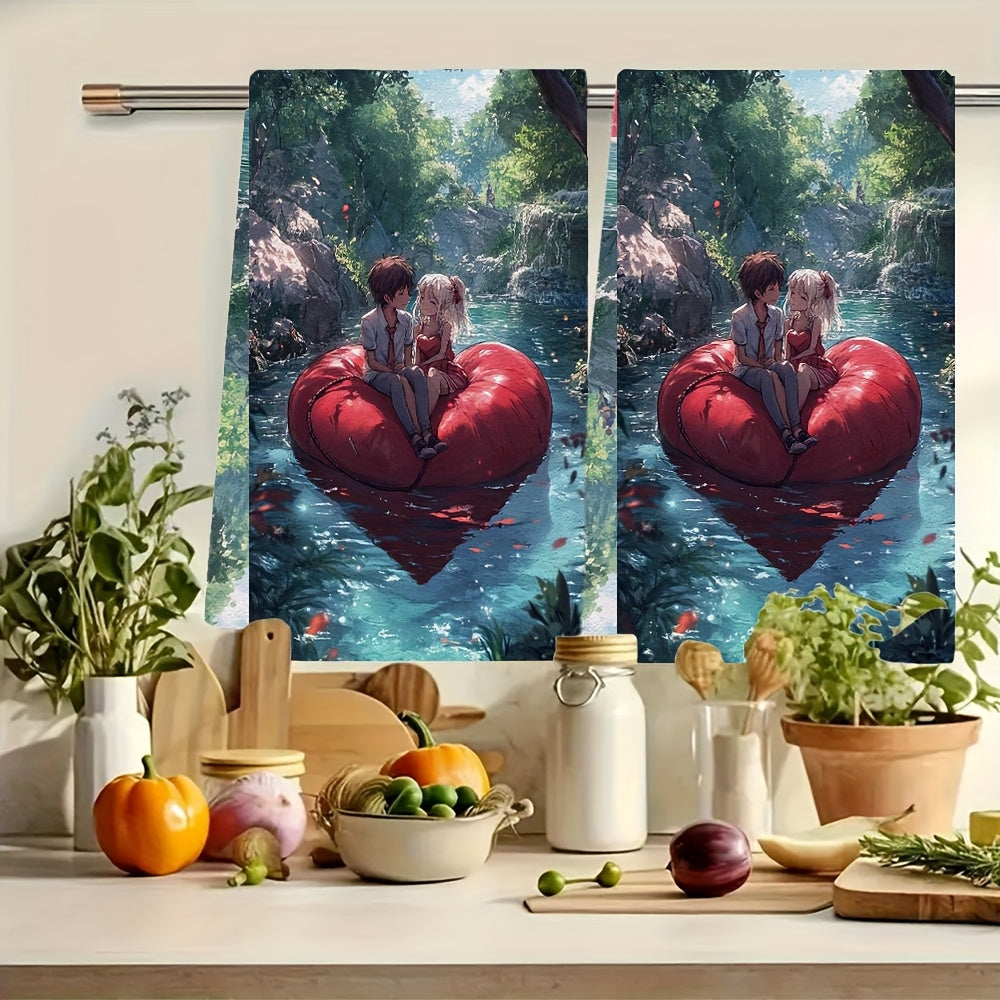 2 pieces of Kitchen Towels with ultra soft texture featuring an anime couple sitting on a heart-shaped raft, leisurely floating down a lazy river. These highly absorbent dish hand towels are perfect for holiday decor. They are machine washable and